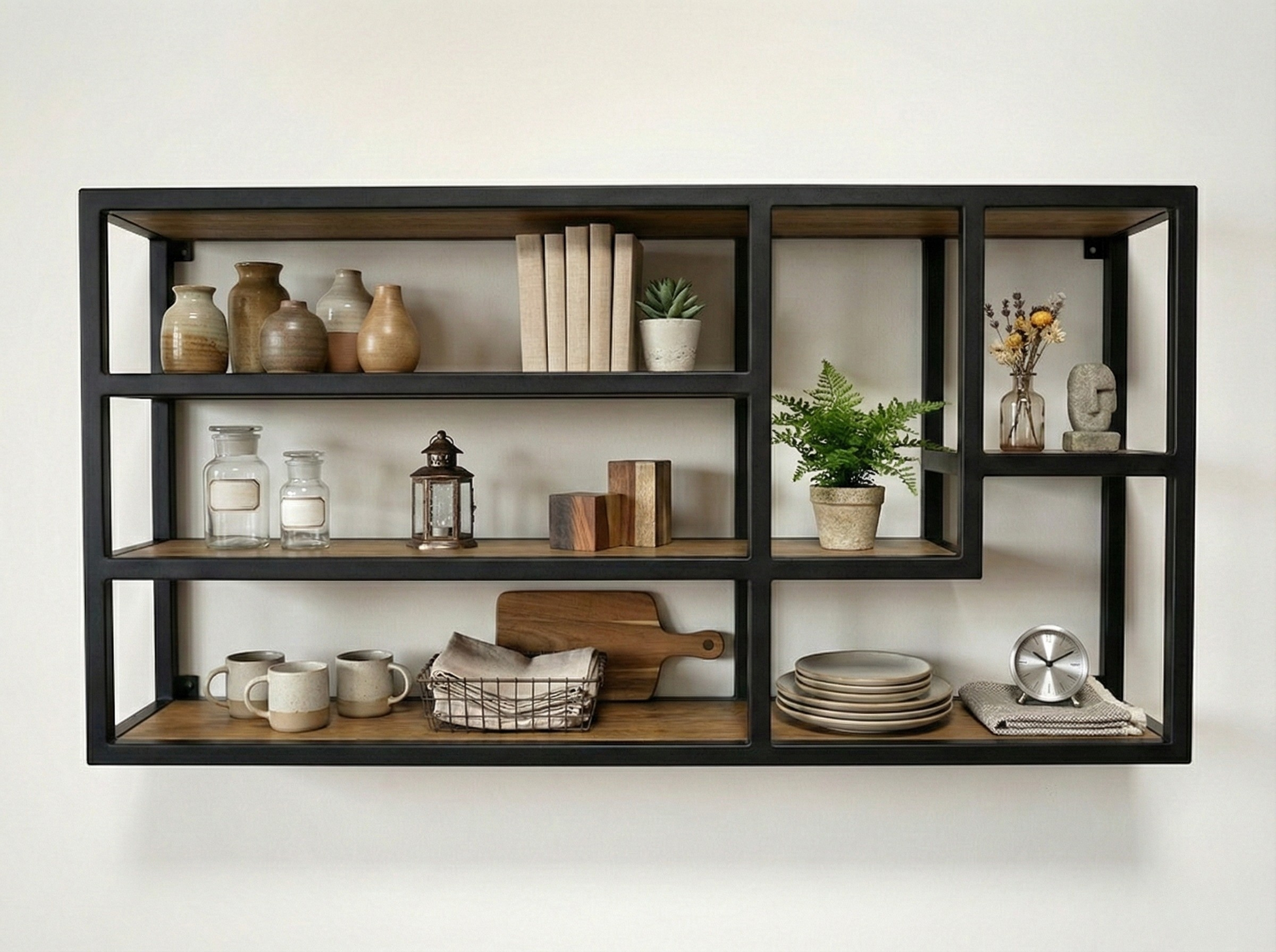 Metal ve Ahşap Modern Duvar Rafı – Dekoratif Çok Bölmeli Duvar Organizer Raf